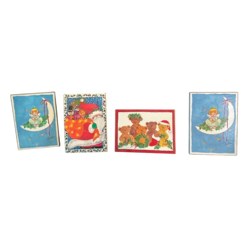 set of four vintage Christmas art pictures laminations by kinka santa bears ange